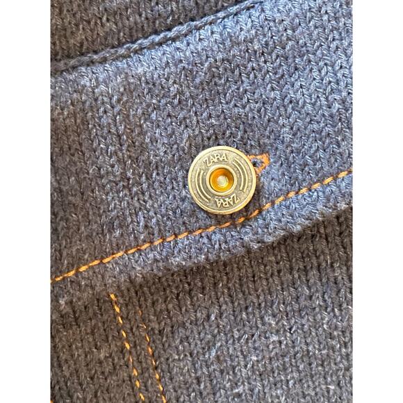Zara Cropped Knit Chore Jacket Blue Gold Stitching Like Denim Fall Cosy ~ Size L - Picture 5 of 10